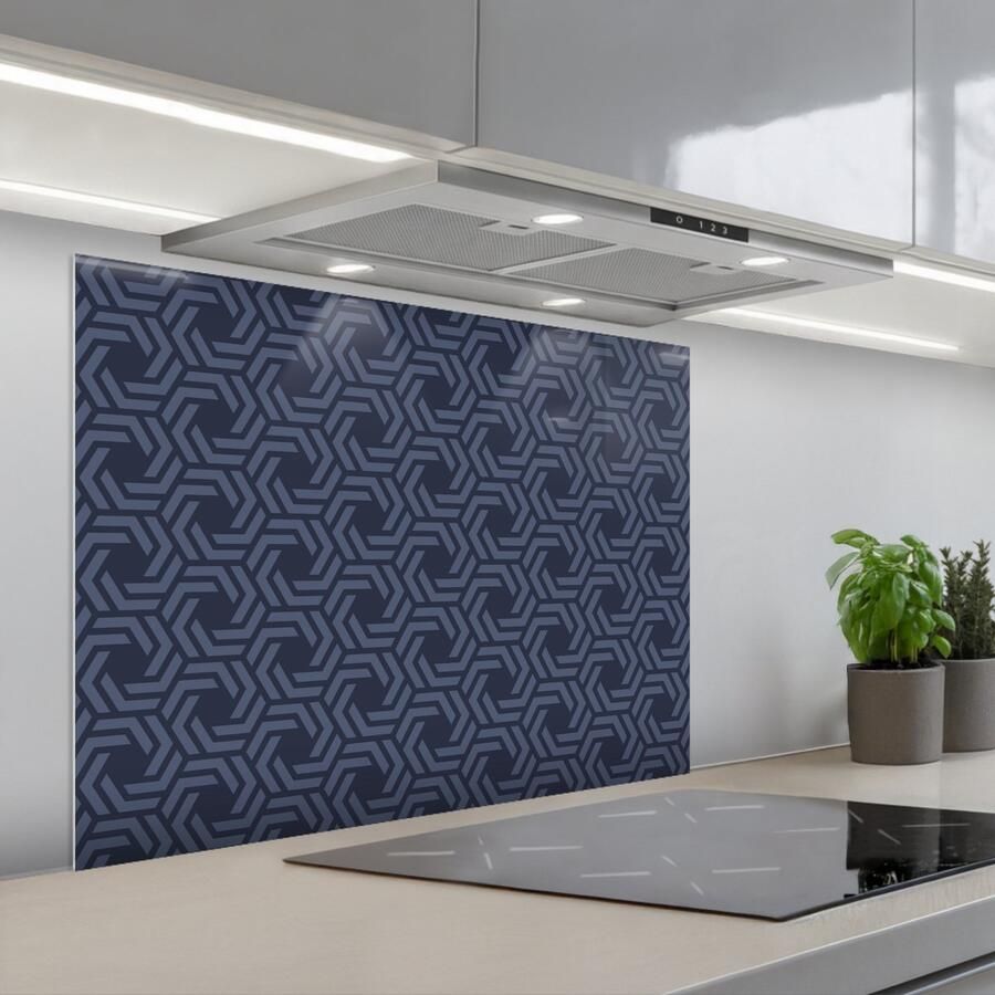 KitchenYeah Spatscherm 80x60 cm Zelfklevende achterwand Patroon Blauw Geometrisch Keuken muurbeschermer Spatwand fornuis