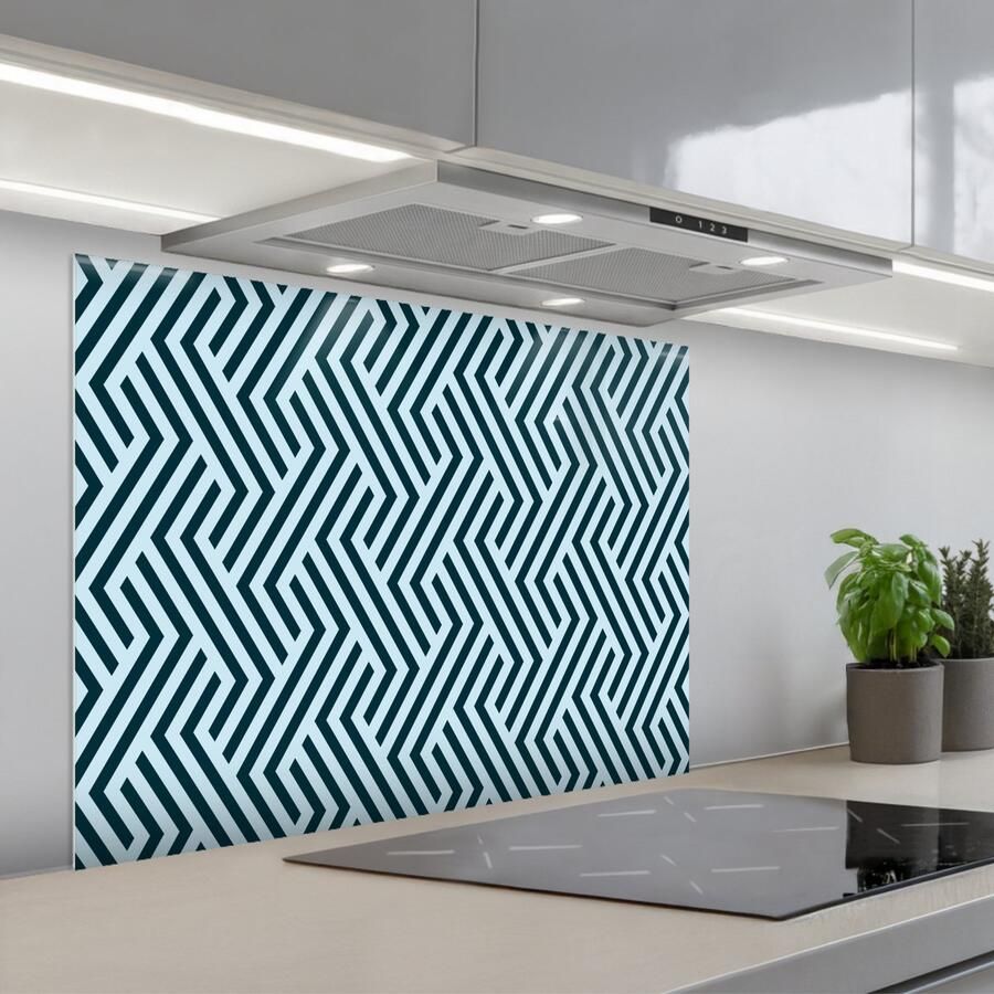 KitchenYeah Spatscherm 80x60 cm Zelfklevende achterwand Patroon Blauw Lijnen Zigzag Keuken muurbeschermer Spatwand fornuis