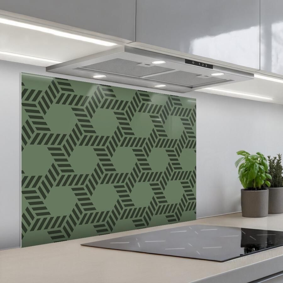 KitchenYeah Spatscherm 80x60 cm Zelfklevende achterwand Patroon Groen Geometrisch Keuken muurbeschermer Spatwand fornuis