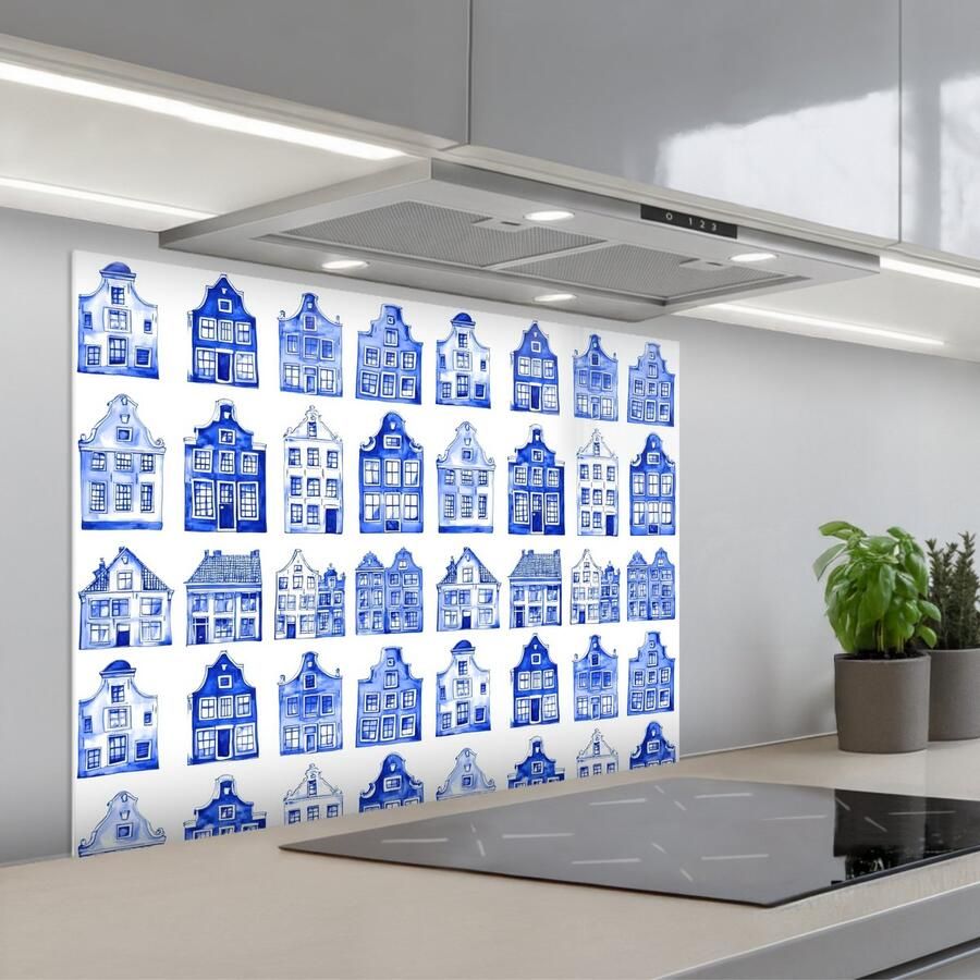 KitchenYeah Spatscherm 90x70 cm Zelfklevende achterwand Patroon Huizen Blauw Keuken muurbeschermer Spatwand fornuis