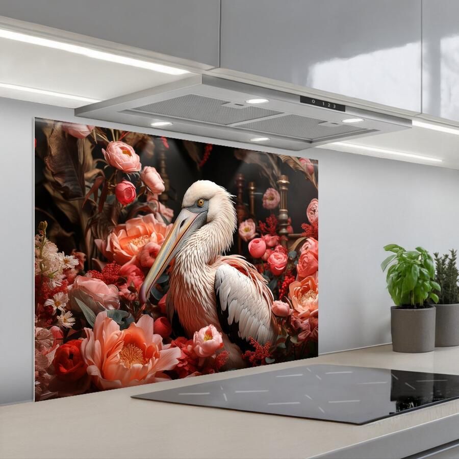 KitchenYeah Spatscherm 80x60 cm Zelfklevende achterwand Pelikaan Dier Bloemen Natuur Botanisch Roze Keuken muurbeschermer Spatwand fornuis