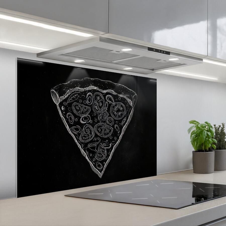 KitchenYeah Spatscherm 80x60 cm Zelfklevende achterwand Pizzapunt Toppings Krijttekening Keuken muurbeschermer Spatwand fornuis