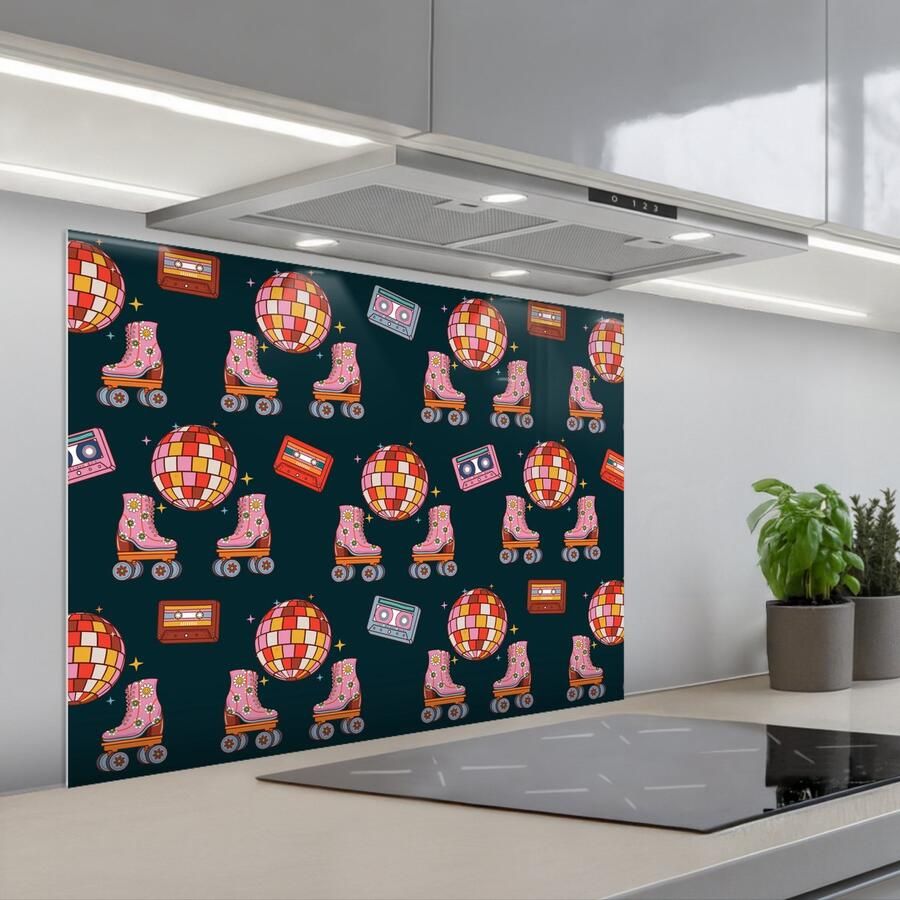 KitchenYeah Spatscherm 80x60 cm Zelfklevende achterwand Rolschaatsen Patroon Disco Keuken muurbeschermer Spatwand fornuis