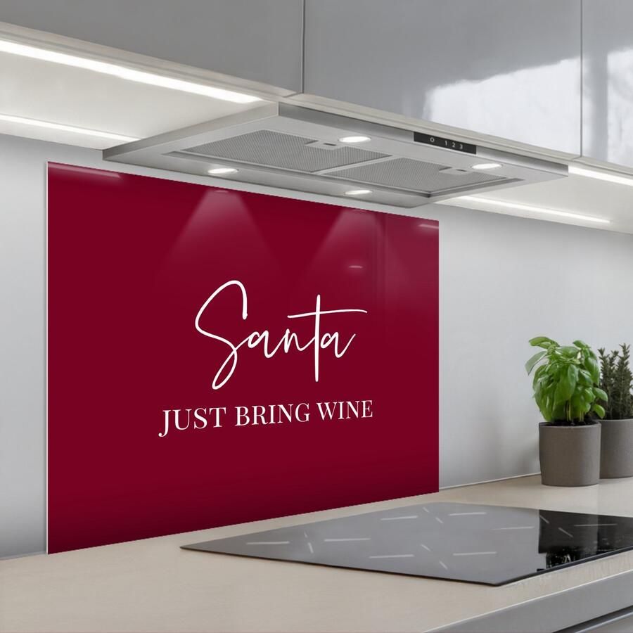 KitchenYeah Spatscherm 90x70 cm Zelfklevende achterwand Santa Wine Rood Kerst Kerstman Keuken muurbeschermer Spatwand fornuis