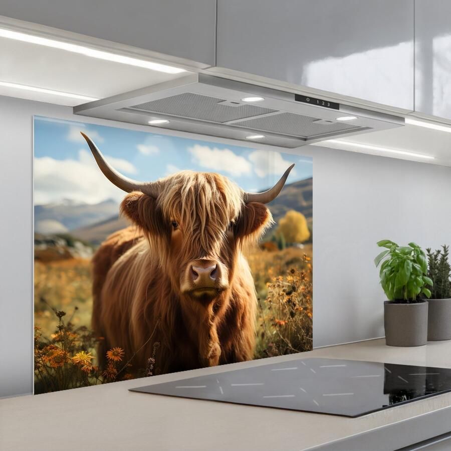 KitchenYeah Spatscherm 80x60 cm Zelfklevende achterwand Schotse hooglander Dieren portret Natuur Dier Keuken muurbeschermer Spatwand fornuis