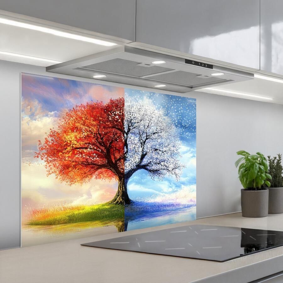KitchenYeah Spatscherm 90x70 cm Zelfklevende achterwand Seizoenen Kunst Boom Winter Herfst Keuken muurbeschermer Spatwand fornuis