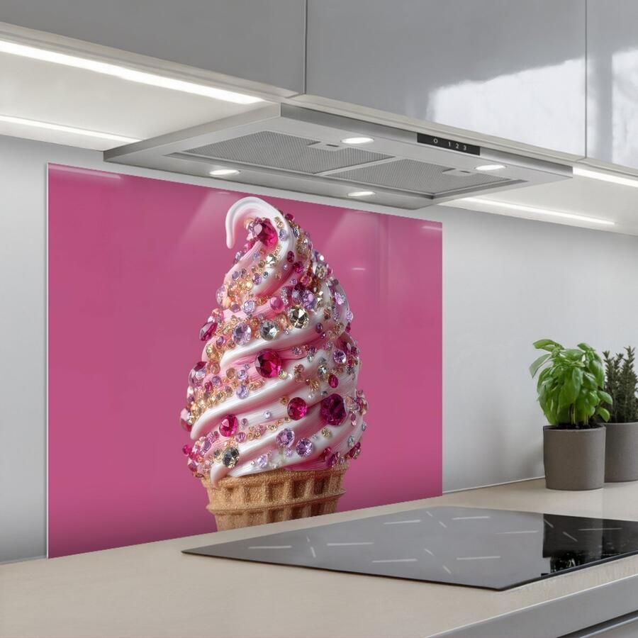 KitchenYeah Spatscherm 80x60 cm Zelfklevende achterwand Softijs Edelstenen Roze Hoorntje Keuken muurbeschermer Spatwand fornuis