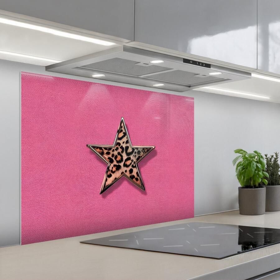 KitchenYeah Spatscherm 80x60 cm Zelfklevende achterwand Ster Luipaard Print Roze Keuken muurbeschermer Spatwand fornuis