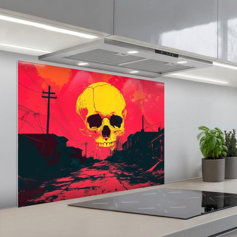 KitchenYeah Spatscherm 80x60 cm Zelfklevende achterwand Straat Verlaten Schedel Geel Keuken muurbeschermer Spatwand fornuis