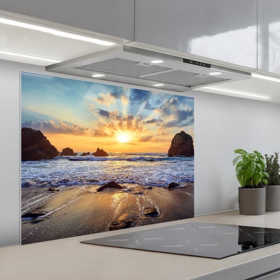 KitchenYeah Spatscherm 80x60 cm Zelfklevende achterwand Strand Zonsondergang Natuur Zee Landschap Keuken muurbeschermer Spatwand fornuis