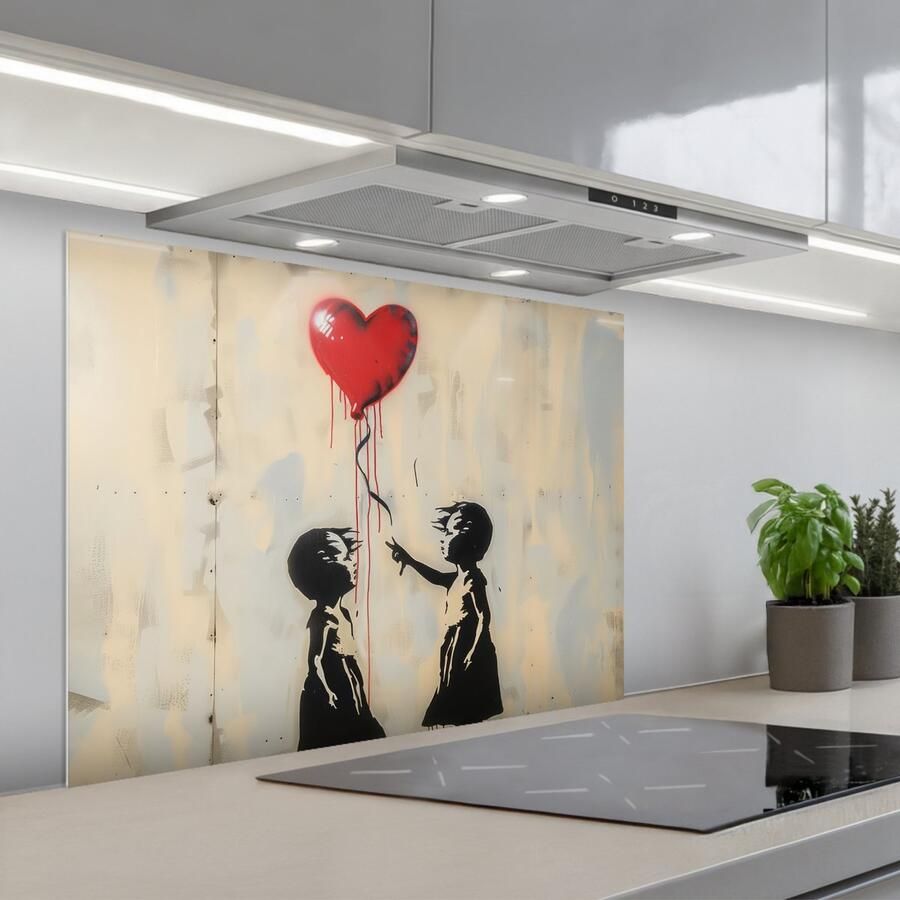 KitchenYeah Spatscherm 80x60 cm Zelfklevende achterwand Street art Banksy Ballon Graffiti Hart Keuken muurbeschermer Spatwand fornuis