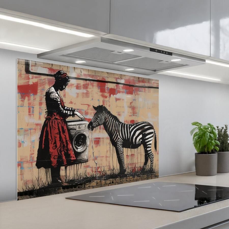 KitchenYeah Spatscherm 80x60 cm Zelfklevende achterwand Street art Zebra Vrouw Dieren Graffiti Banksy Style Keuken muurbeschermer Spatwand fornuis