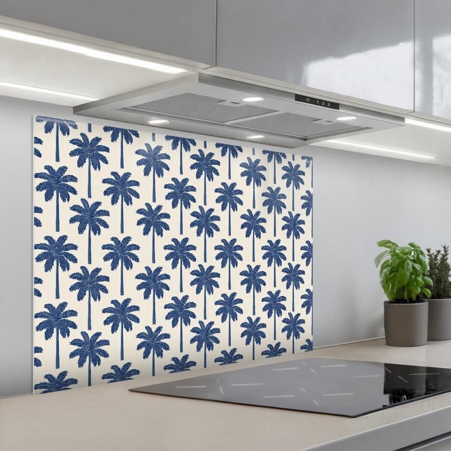 KitchenYeah Spatscherm 80x60 cm Zelfklevende achterwand Symmetrisch Palm Blauw Keuken muurbeschermer Spatwand fornuis