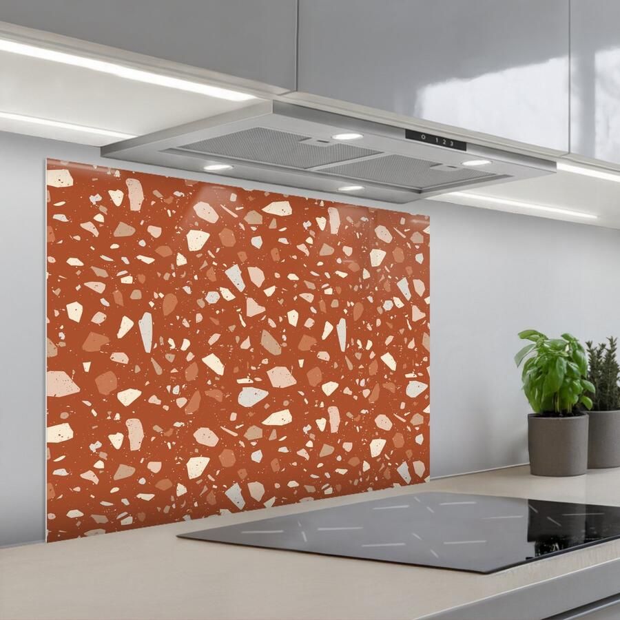 KitchenYeah Spatscherm 80x60 cm Zelfklevende achterwand Terrazzo Patroon Klei Keuken muurbeschermer Spatwand fornuis