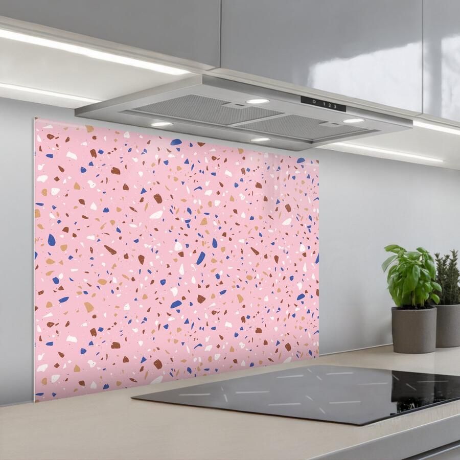 KitchenYeah Spatscherm 90x70 cm Zelfklevende achterwand Terrazzo Patroon Kleurrijk Roze Keuken muurbeschermer Spatwand fornuis