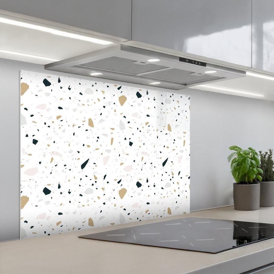 KitchenYeah Spatscherm 80x60 cm Zelfklevende achterwand Terrazzo Patroon Wit Neutraal Keuken muurbeschermer Spatwand fornuis