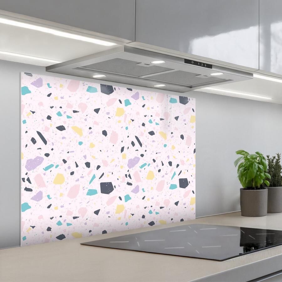 KitchenYeah Spatscherm 90x70 cm Zelfklevende achterwand Terrazzo Patroon Zacht Snoep Keuken muurbeschermer Spatwand fornuis