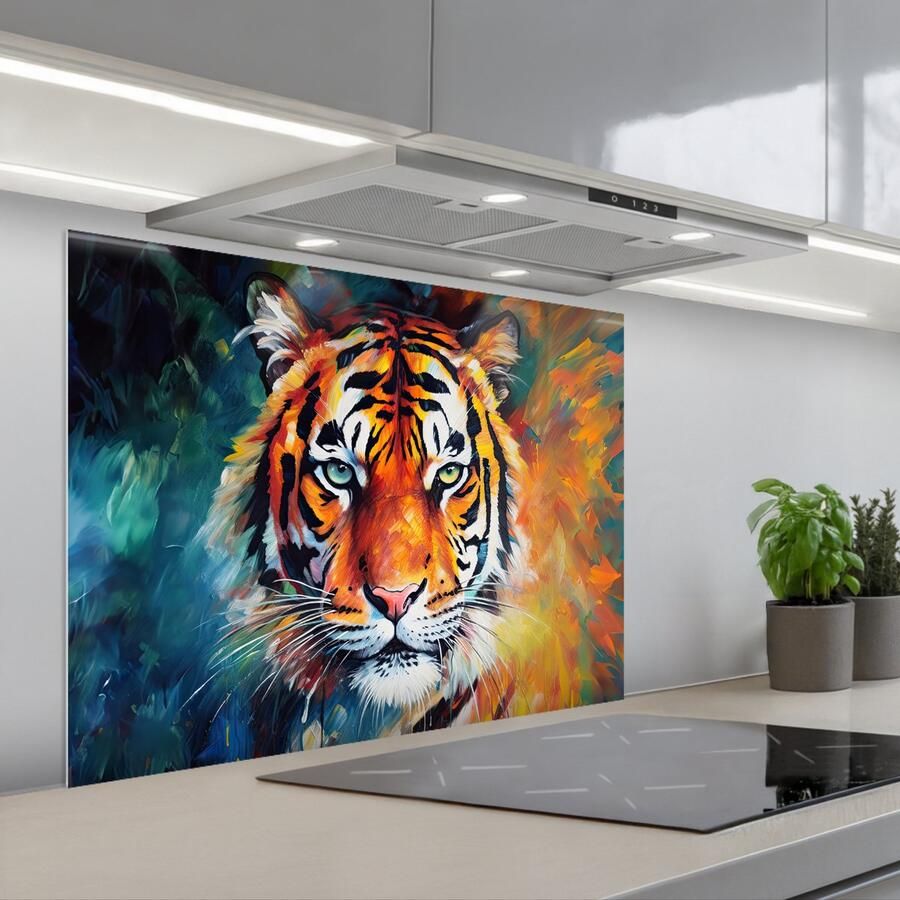 KitchenYeah Spatscherm 80x60 cm Zelfklevende achterwand Tijger Dieren Olieverf Kunst Keuken muurbeschermer Spatwand fornuis