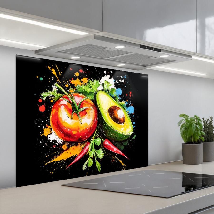 KitchenYeah Spatscherm 90x70 cm Zelfklevende achterwand Tomaat Avocado Peper Graffiti Verf Modern Keuken muurbeschermer Spatwand fornuis
