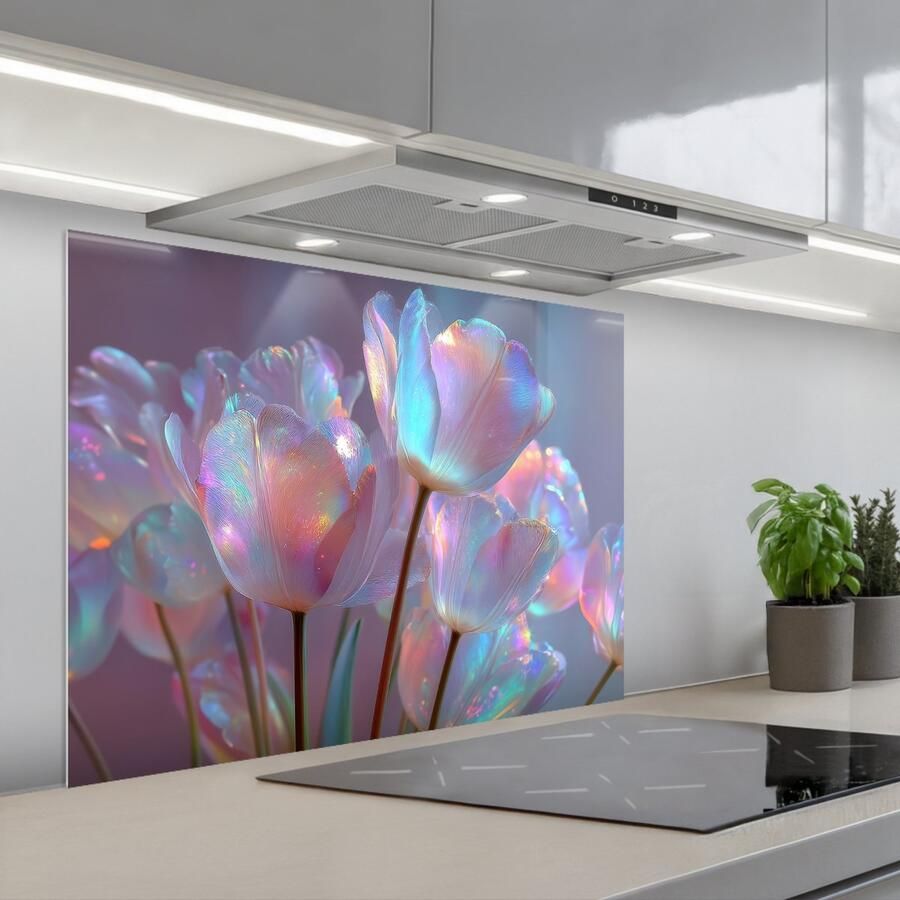 KitchenYeah Spatscherm 80x60 cm Zelfklevende achterwand Tulpen Glazen Bloemblaadjes Pasteltinten Keuken muurbeschermer Spatwand fornuis