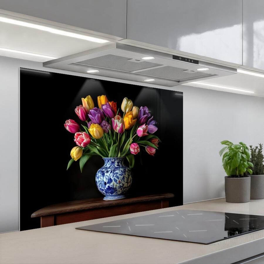 KitchenYeah Spatscherm 80x60 cm Zelfklevende achterwand Tulpen Kleuren Hout Vaas Keuken muurbeschermer Spatwand fornuis