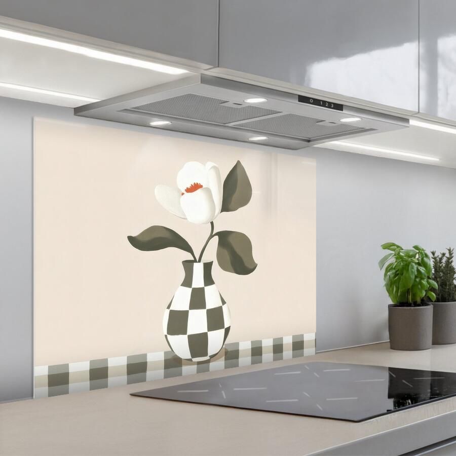KitchenYeah Spatscherm 90x70 cm Zelfklevende achterwand Vaas Geruit Groen Bloem Keuken muurbeschermer Spatwand fornuis