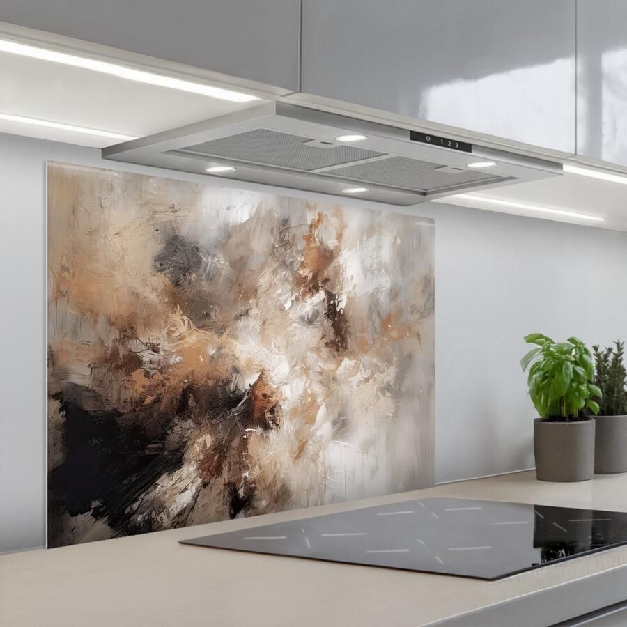 KitchenYeah Spatscherm 80x60 cm Zelfklevende achterwand Verf Abstract Beige Kunst Keuken muurbeschermer Spatwand fornuis
