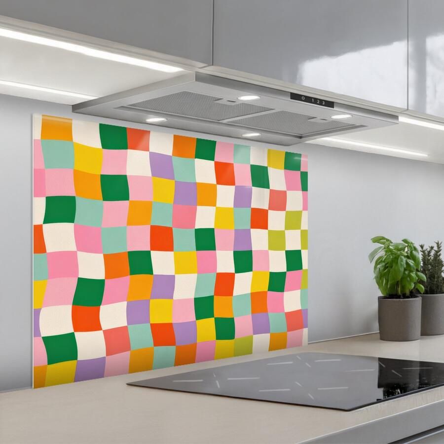 KitchenYeah Spatscherm 80x60 cm Zelfklevende achterwand Vierkanten Kleurrijk Golvend Keuken muurbeschermer Spatwand fornuis