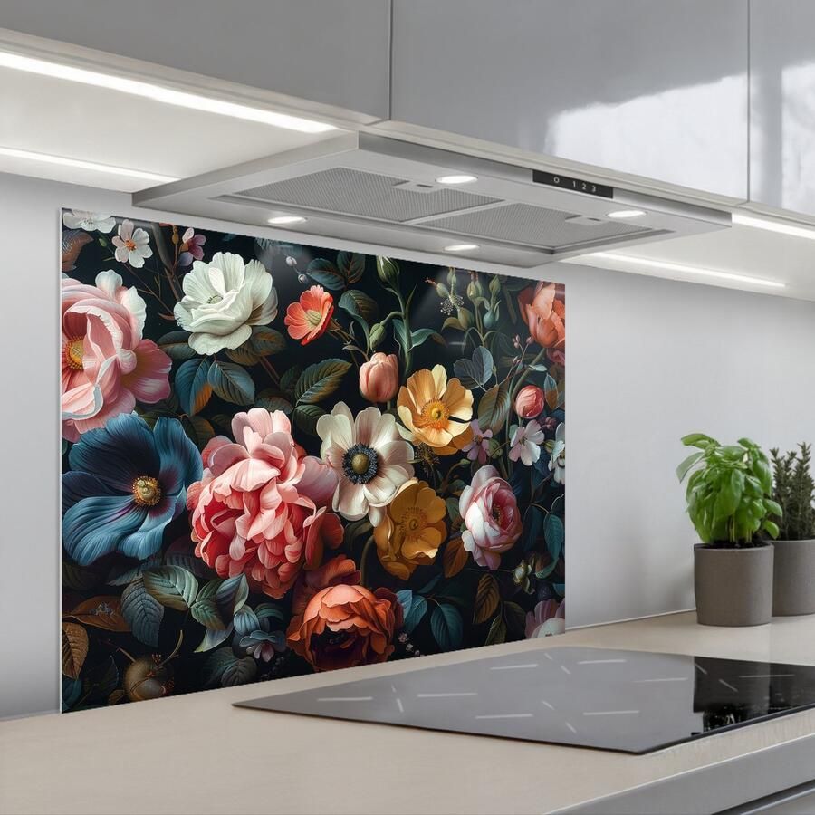 KitchenYeah Spatscherm 80x60 cm Zelfklevende achterwand Vintage Kleurrijk Bloemen Modern Keuken muurbeschermer Spatwand fornuis