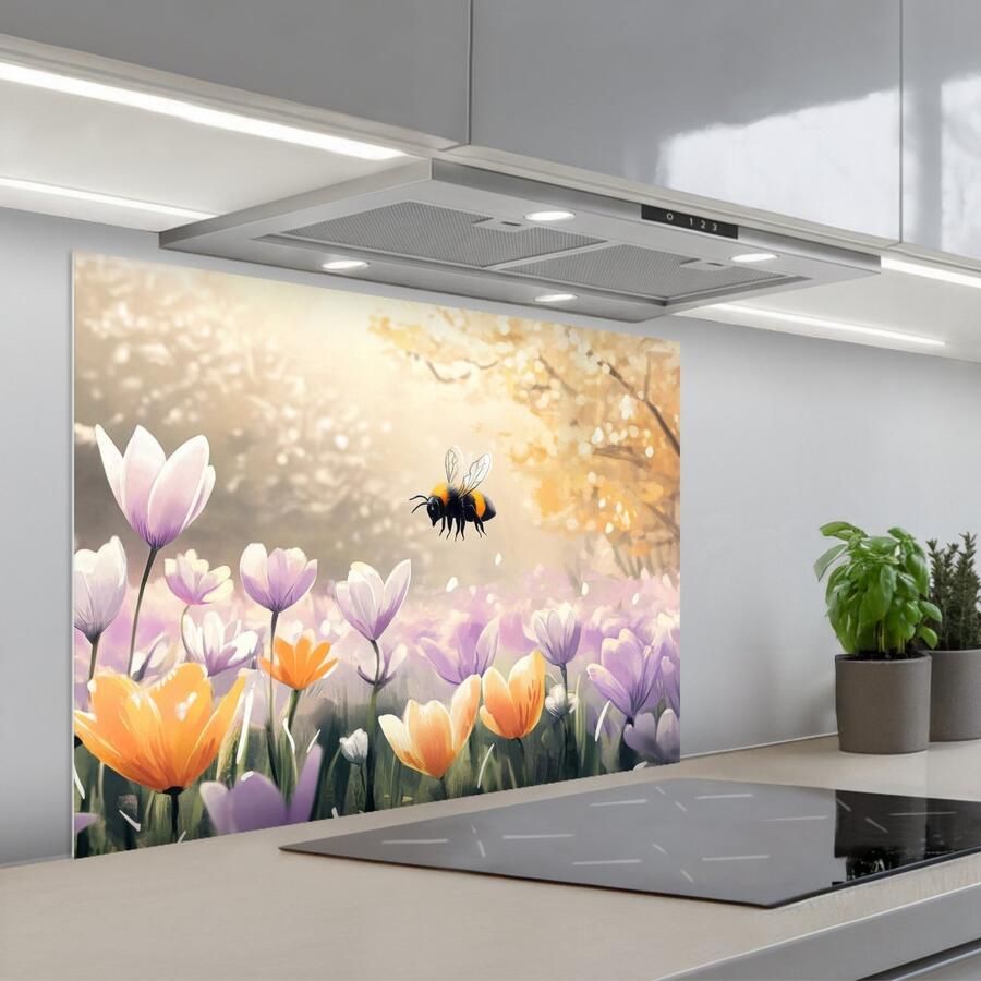 KitchenYeah Spatscherm 80x60 cm Zelfklevende achterwand Viooltjes bij Zonlicht Keuken muurbeschermer Spatwand fornuis - Foto 1