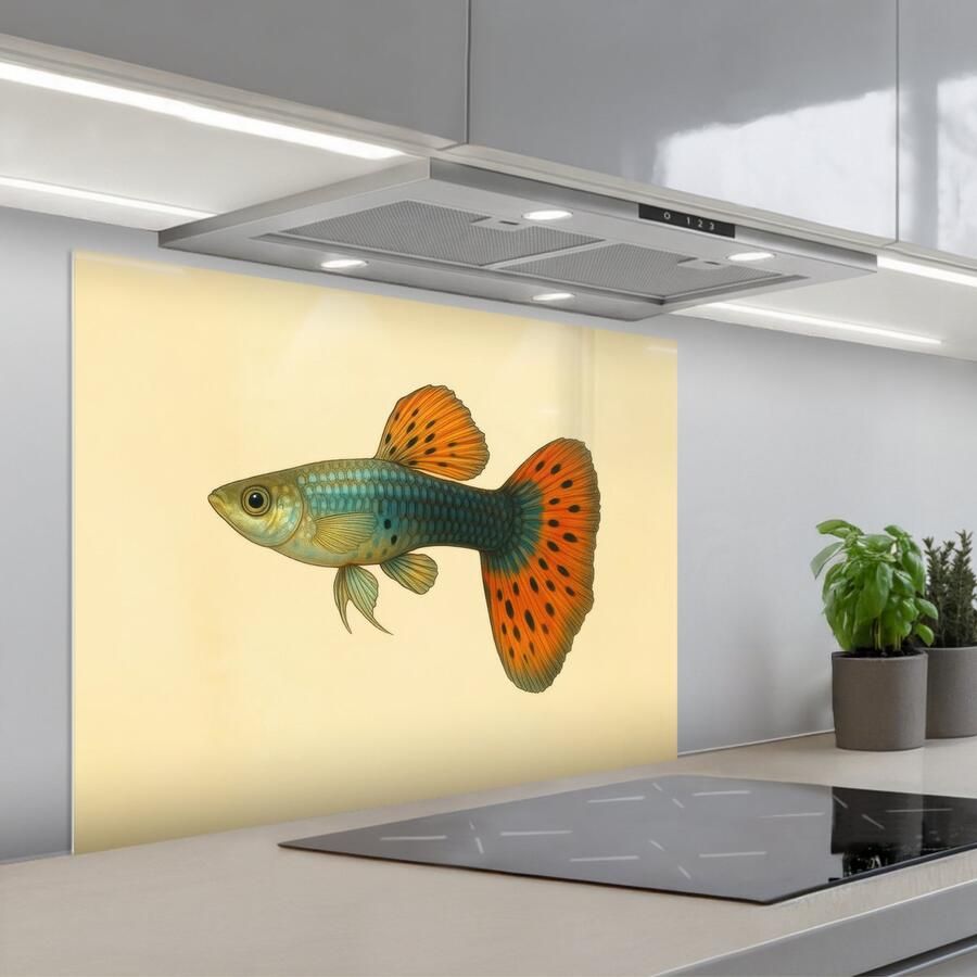 KitchenYeah Spatscherm 80x60 cm Zelfklevende achterwand Vis illustratie Stippen Oranje Keuken muurbeschermer Spatwand fornuis