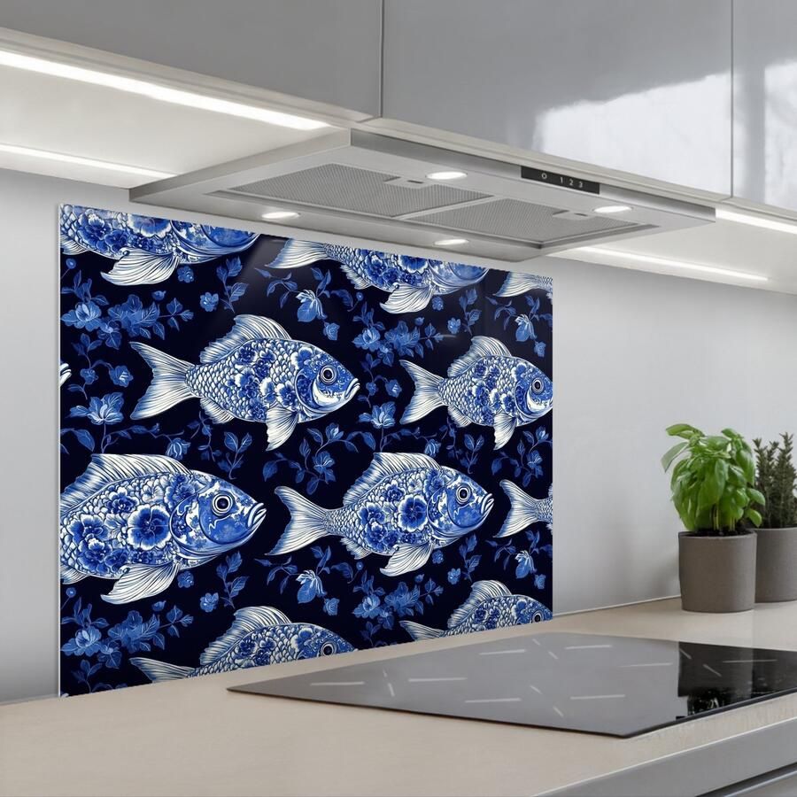 KitchenYeah Spatscherm 80x60 cm Zelfklevende achterwand Vissen Bloemen Blauw Keuken muurbeschermer Spatwand fornuis