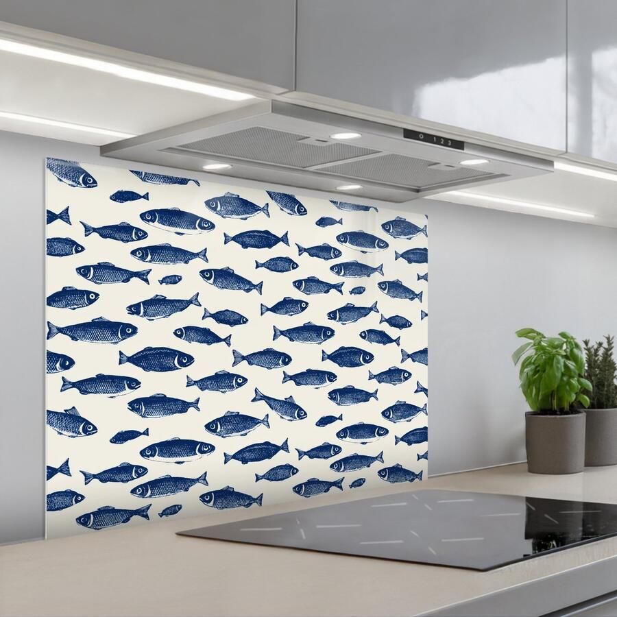 KitchenYeah Spatscherm 80x60 cm Zelfklevende achterwand Vissen Patroon Blauw Wit Keuken muurbeschermer Spatwand fornuis