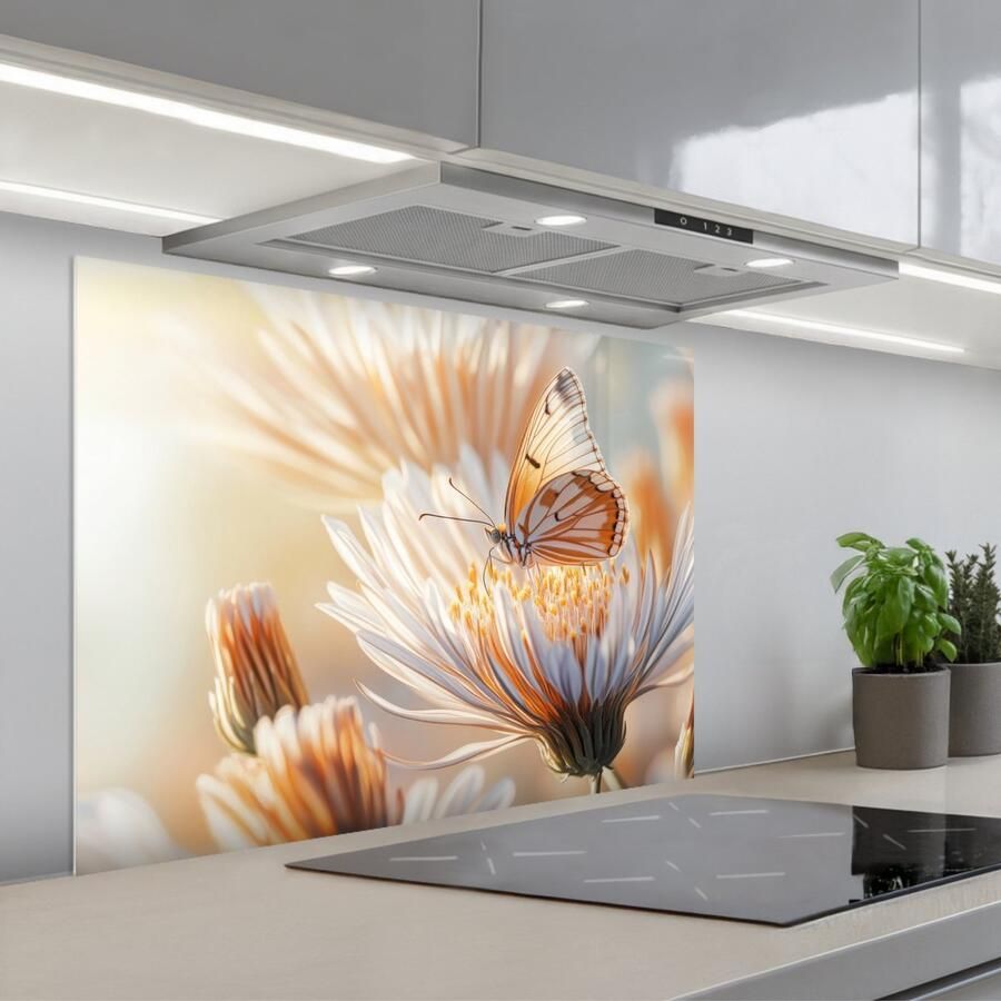KitchenYeah Spatscherm 80x60 cm Zelfklevende achterwand Vlinder Bloem Oranje Keuken muurbeschermer Spatwand fornuis
