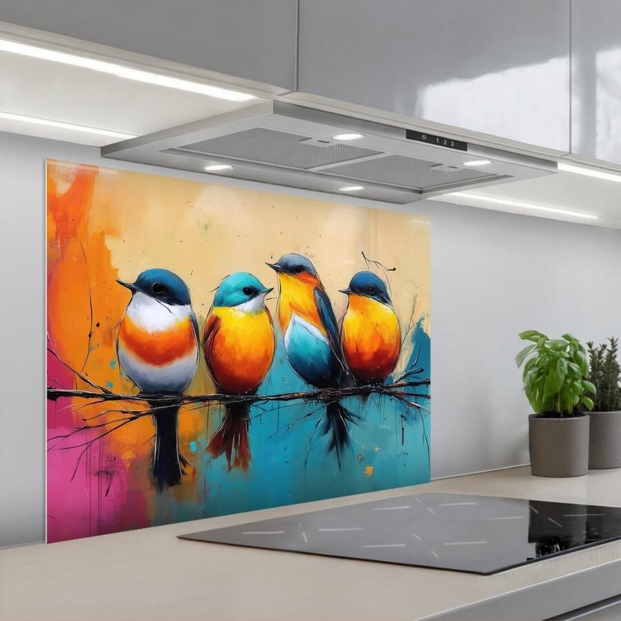KitchenYeah Spatscherm 80x60 cm Zelfklevende achterwand Vogels Kleurrijk Tak Abstract Keuken muurbeschermer Spatwand fornuis