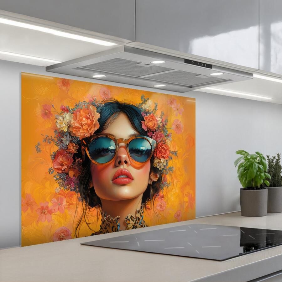 KitchenYeah Spatscherm 90x70 cm Zelfklevende achterwand Vrouw Bloemen Aesthetic Oranje Keuken muurbeschermer Spatwand fornuis