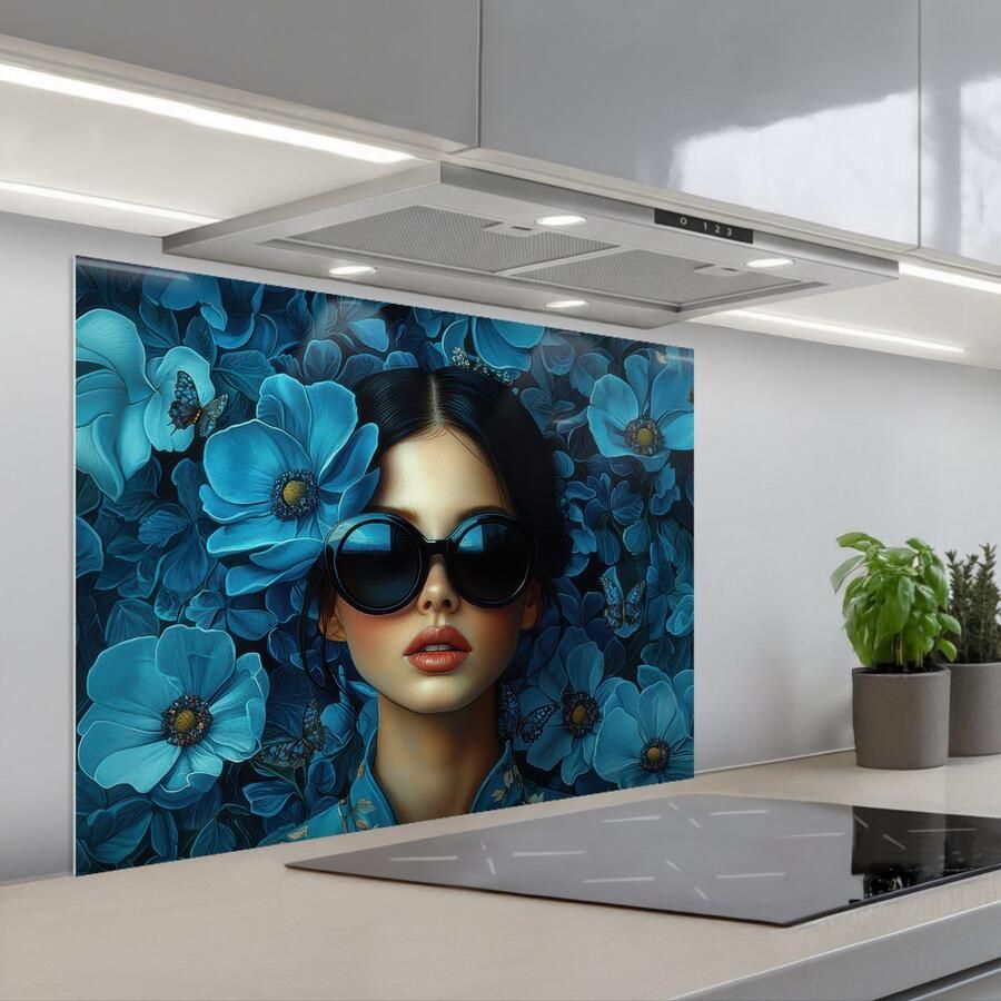 KitchenYeah Spatscherm 90x70 cm Zelfklevende achterwand Vrouw Bloemen Blauw Aesthetic Luxe Keuken muurbeschermer Spatwand fornuis