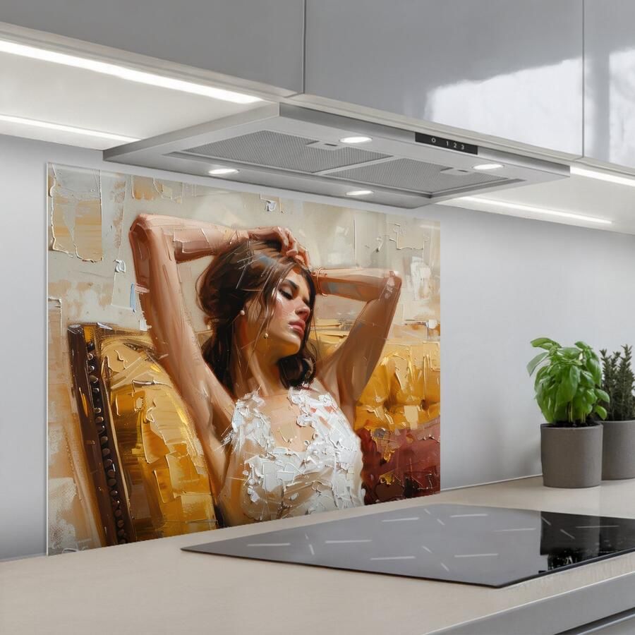 KitchenYeah Spatscherm 80x60 cm Zelfklevende achterwand Vrouw Kunst Abstract Modern Keuken muurbeschermer Spatwand fornuis