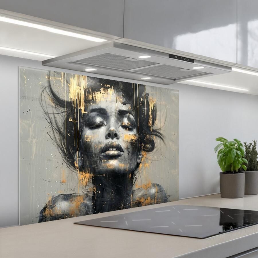 KitchenYeah Spatscherm 80x60 cm Zelfklevende achterwand Vrouw Kunst Goud Abstract Glamour Keuken muurbeschermer Spatwand fornuis