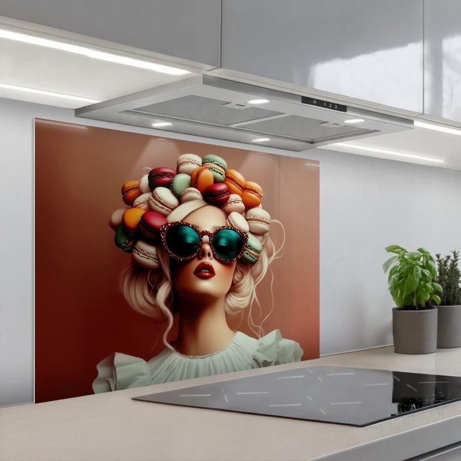 KitchenYeah Spatscherm 80x60 cm Zelfklevende achterwand Vrouw Macarons Bril Keuken muurbeschermer Spatwand fornuis - Foto 1