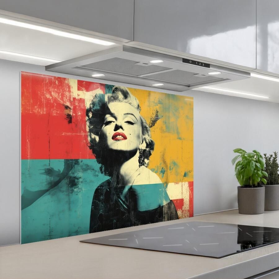 KitchenYeah Spatscherm 80x60 cm Zelfklevende achterwand Vrouw Rode lippen Abstracte kleurvlakken Popartuistraling Keuken muurbeschermer Spatwand fornuis