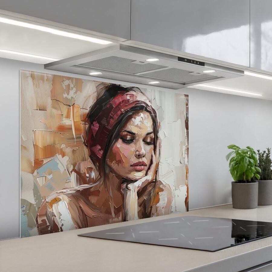 KitchenYeah Spatscherm 80x60 cm Zelfklevende achterwand Vrouw Verflook Portret Modern Keuken muurbeschermer Spatwand fornuis