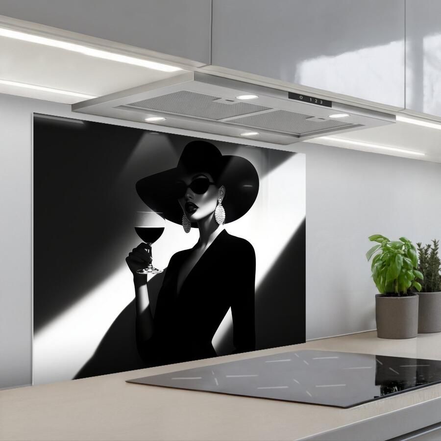 KitchenYeah Spatscherm 80x60 cm Zelfklevende achterwand Vrouw Wijn Chic Keuken muurbeschermer Spatwand fornuis - Foto 1