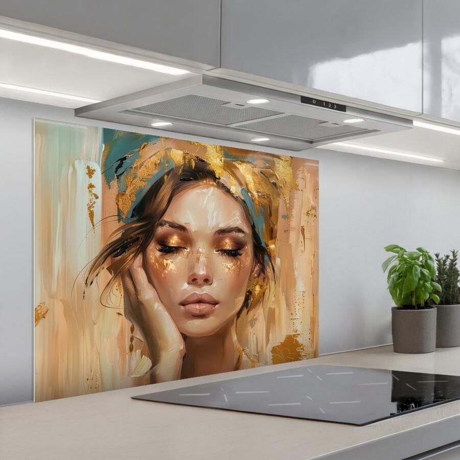 KitchenYeah Spatscherm 80x60 cm Zelfklevende achterwand Vrouwen Portret Luxe Goud Keuken muurbeschermer Spatwand fornuis