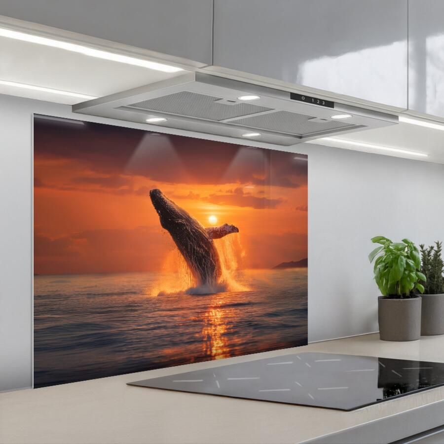 KitchenYeah Spatscherm 90x70 cm Zelfklevende achterwand Walvis Zon Zee Keuken muurbeschermer Spatwand fornuis