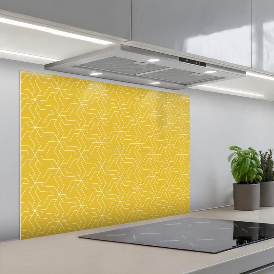 KitchenYeah Spatscherm 90x70 cm Zelfklevende achterwand Wit Geel Patroon Geometrisch Keuken muurbeschermer Spatwand fornuis