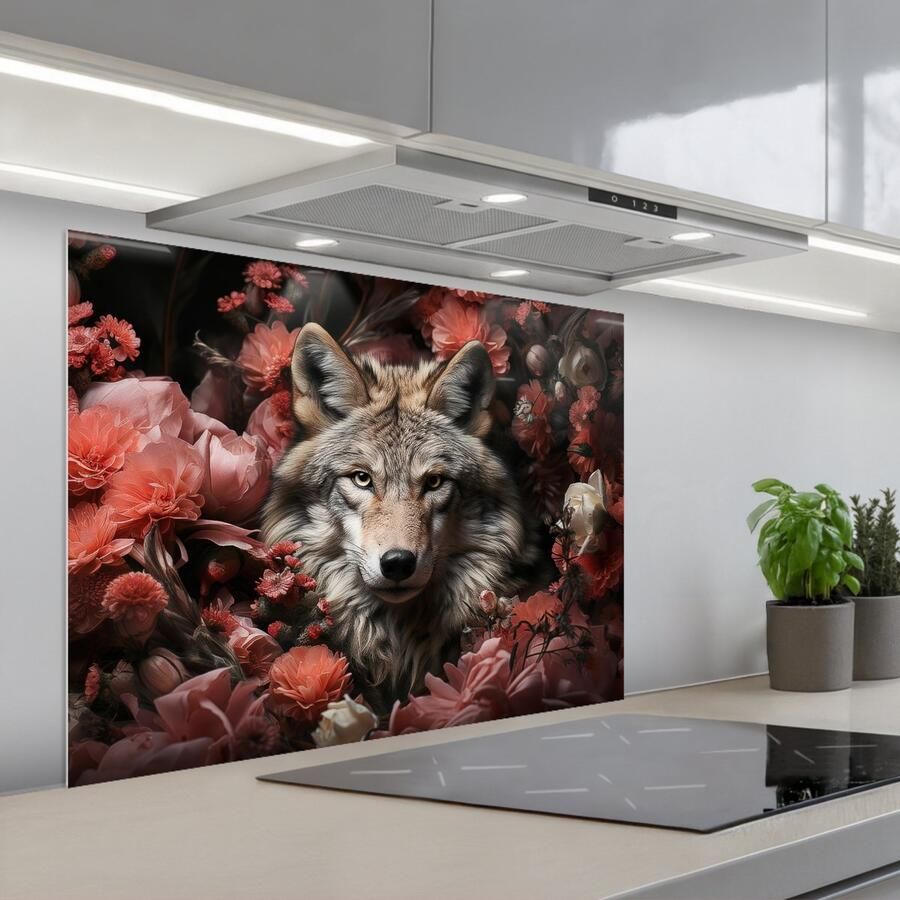 KitchenYeah Spatscherm 80x60 cm Zelfklevende achterwand Wolf Dier Bloemen Botanisch Natuur Fantasie Keuken muurbeschermer Spatwand fornuis