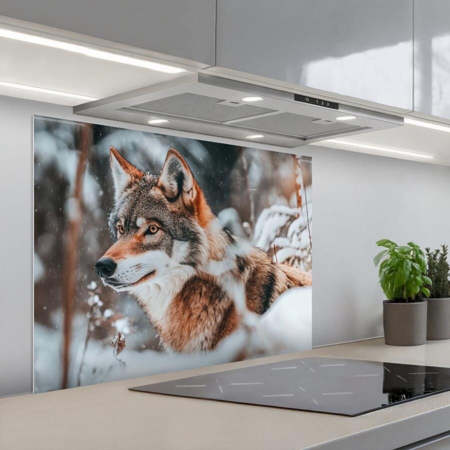 KitchenYeah Spatscherm 90x70 cm Zelfklevende achterwand Wolf Sneeuw Winter Dieren Natuur Sneeuw Keuken muurbeschermer Spatwand fornuis
