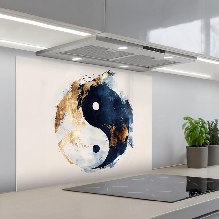 KitchenYeah Spatscherm 80x60 cm Zelfklevende achterwand Yin Yang Abstract Zwart Wit Goud Keuken muurbeschermer Spatwand fornuis
