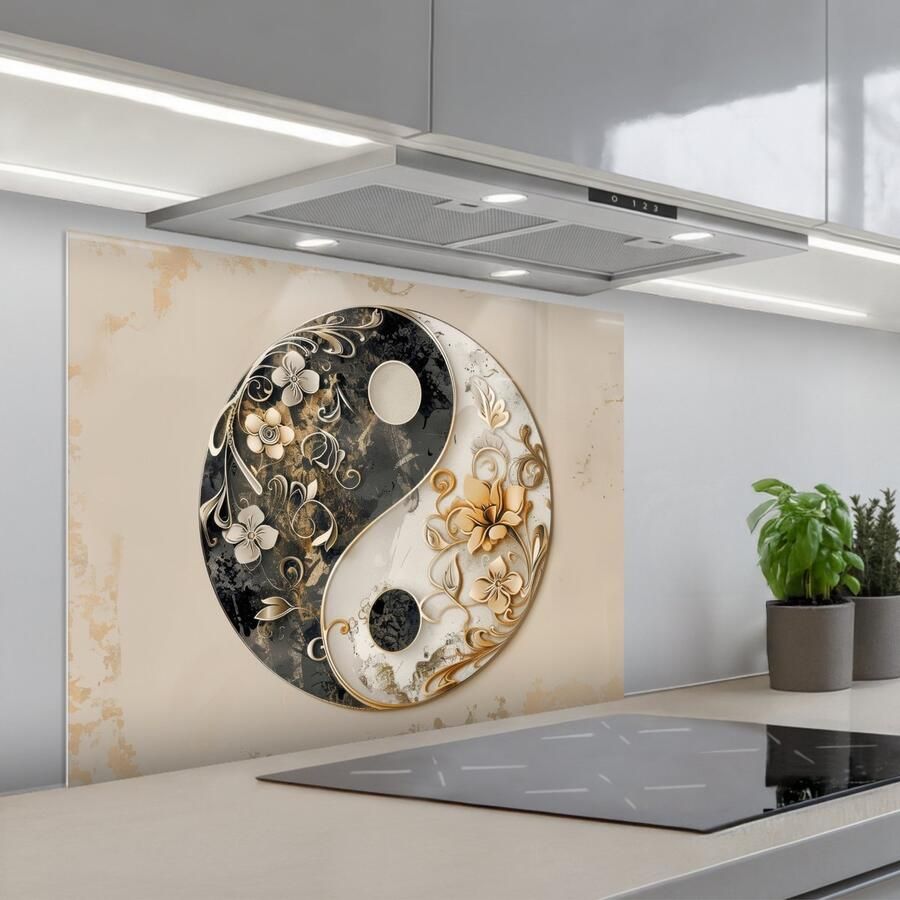 KitchenYeah Spatscherm 80x60 cm Zelfklevende achterwand Yin Yang Bloemen Zwart Wit Vintage Keuken muurbeschermer Spatwand fornuis